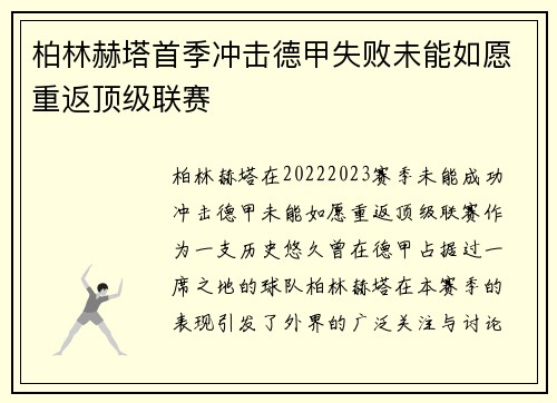 柏林赫塔首季冲击德甲失败未能如愿重返顶级联赛