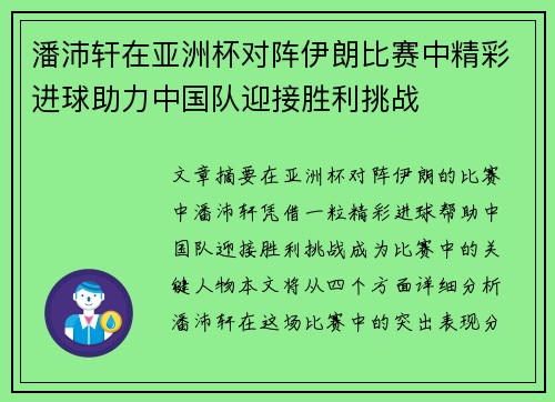潘沛轩在亚洲杯对阵伊朗比赛中精彩进球助力中国队迎接胜利挑战 潘沛轩在亚洲杯对阵伊朗比赛中精彩进球助力中国队迎接胜利挑战