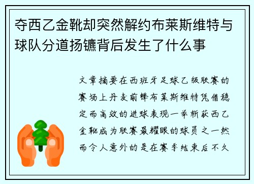 夺西乙金靴却突然解约布莱斯维特与球队分道扬镳背后发生了什么事
